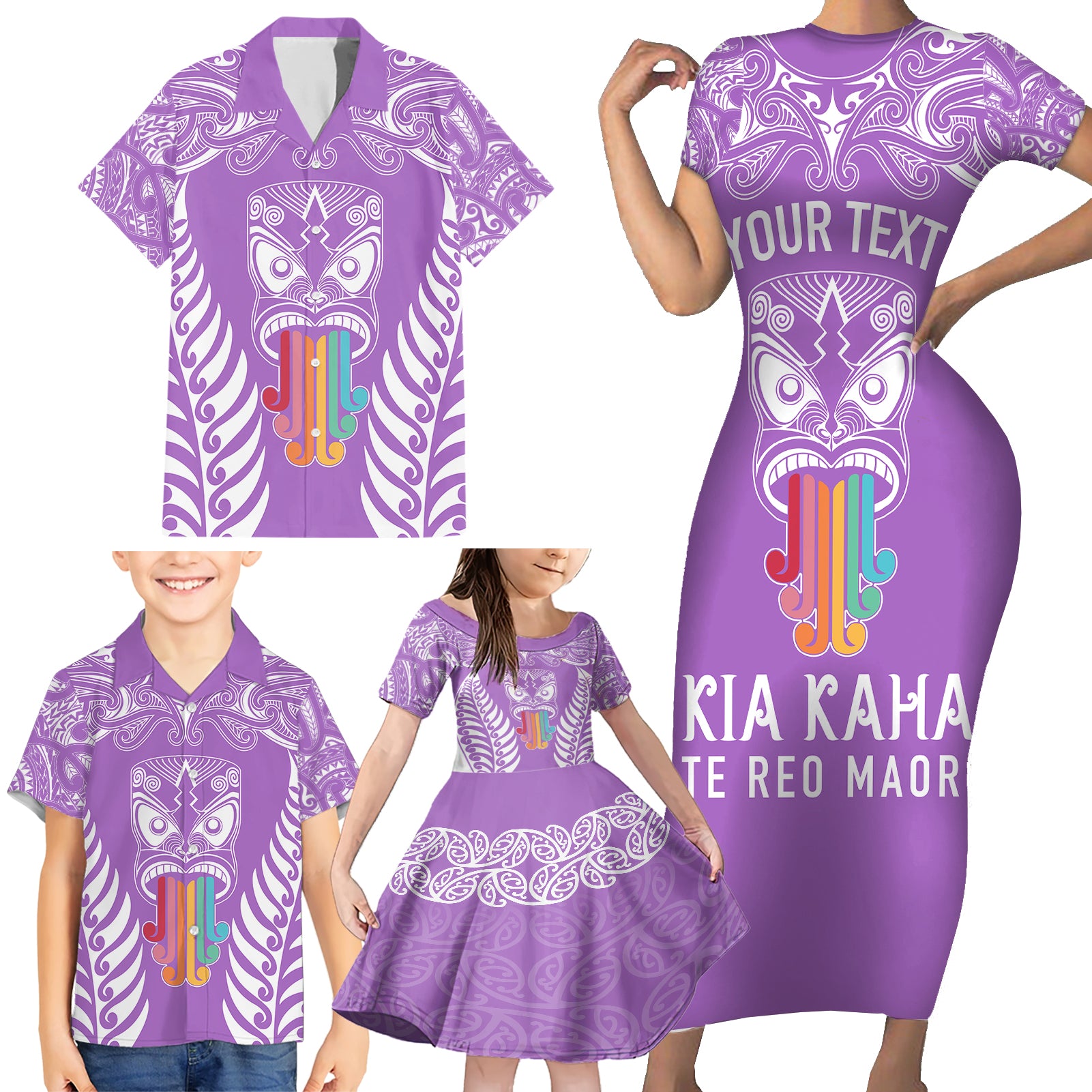 personalised-kia-kaha-te-reo-maori-family-matching-short-sleeve-bodycon-dress-and-hawaiian-shirt-hei-tiki-mix-koru-purple