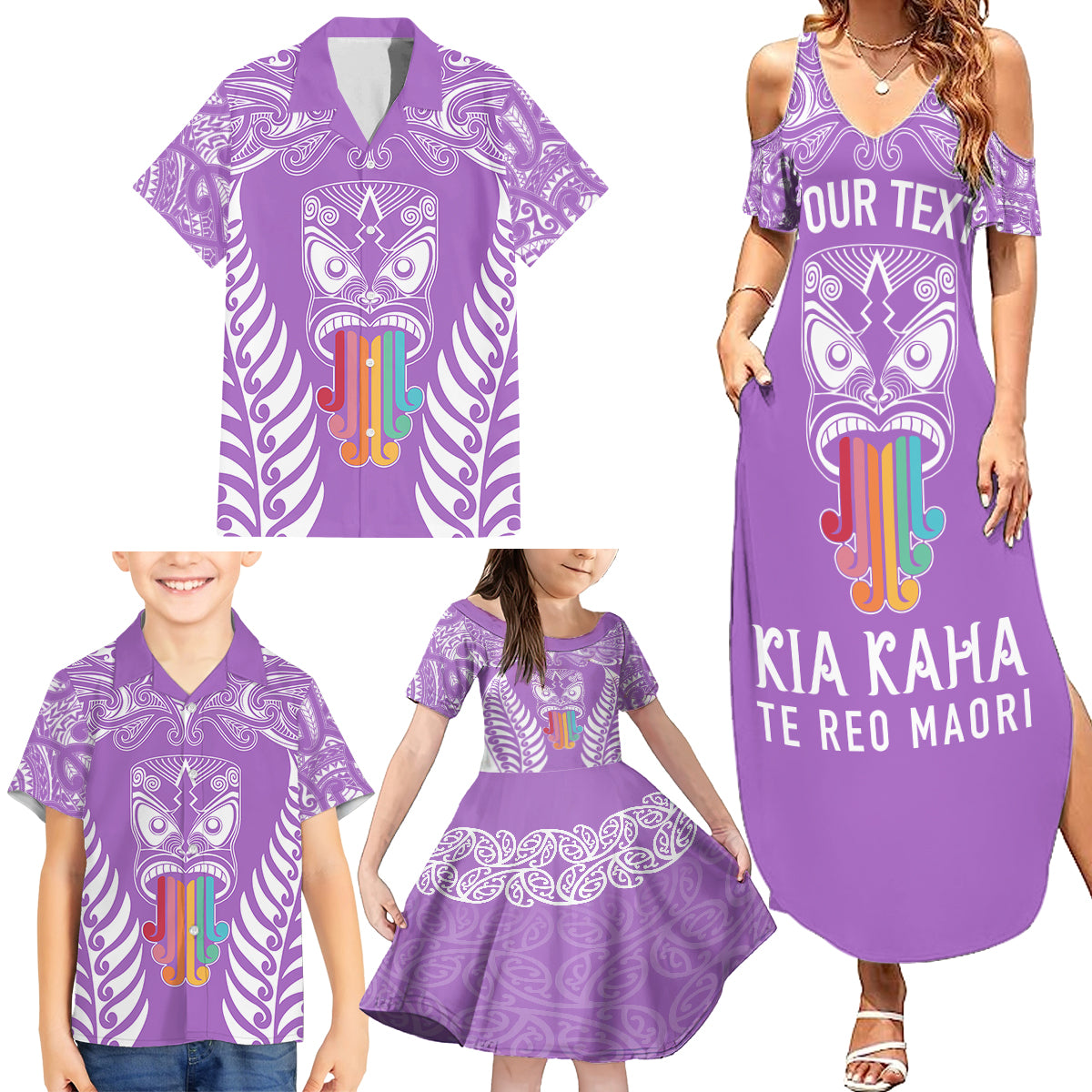 personalised-kia-kaha-te-reo-maori-family-matching-summer-maxi-dress-and-hawaiian-shirt-hei-tiki-mix-koru-purple