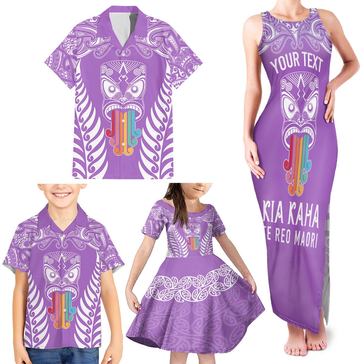 personalised-kia-kaha-te-reo-maori-family-matching-tank-maxi-dress-and-hawaiian-shirt-hei-tiki-mix-koru-purple