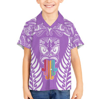 Personalised Kia Kaha Te Reo Maori Kid Hawaiian Shirt Hei Tiki Mix Koru - Purple LT7 - Polynesian Pride