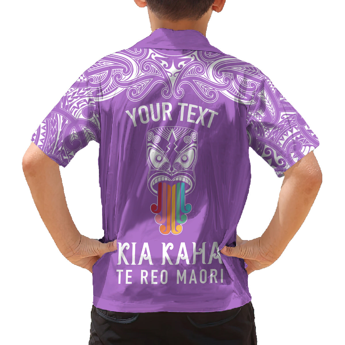 Personalised Kia Kaha Te Reo Maori Kid Hawaiian Shirt Hei Tiki Mix Koru - Purple LT7 - Polynesian Pride