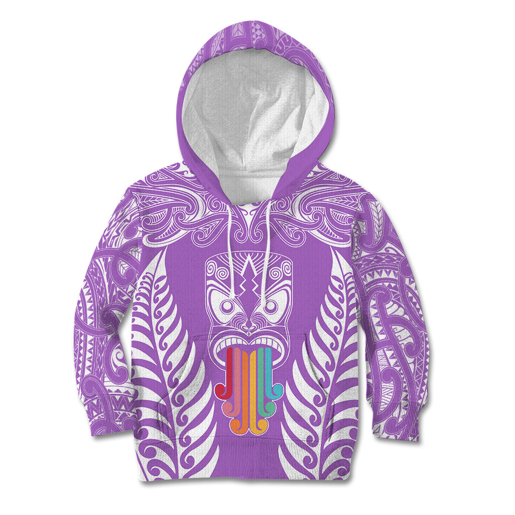 Personalised Kia Kaha Te Reo Maori Kid Hoodie Hei Tiki Mix Koru - Purple LT7 Hoodie Purple - Polynesian Pride