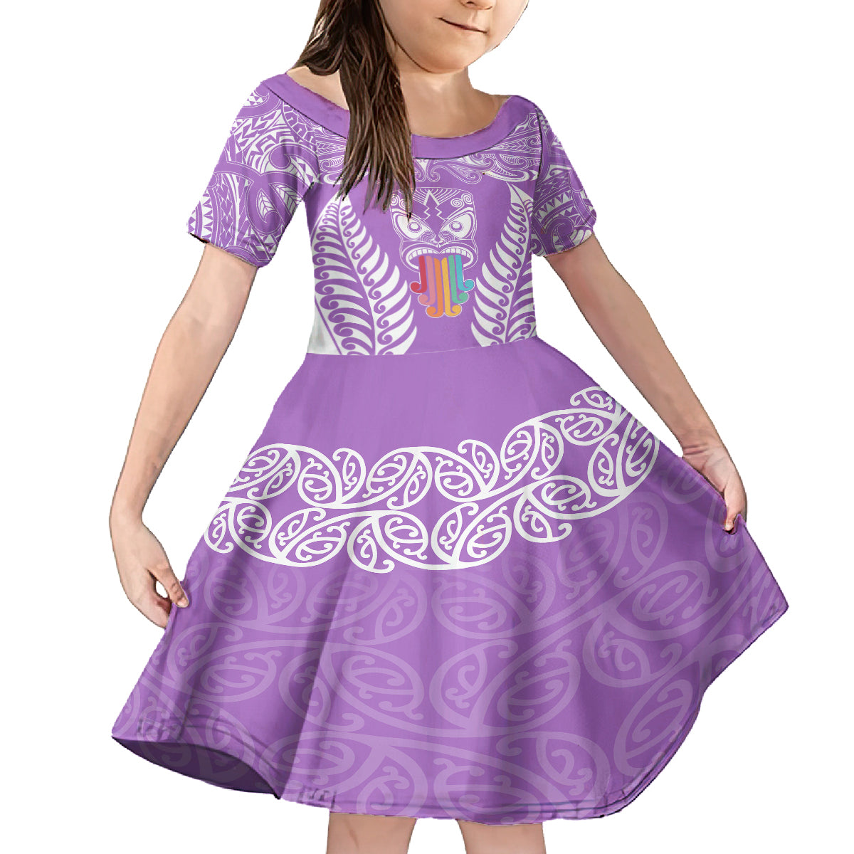 Personalised Kia Kaha Te Reo Maori Kid Short Sleeve Dress Hei Tiki Mix Koru - Purple LT7 KID Purple - Polynesian Pride