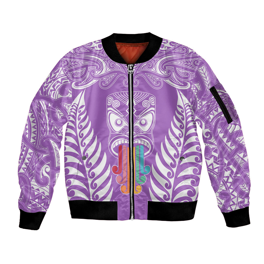 Personalised Kia Kaha Te Reo Maori Sleeve Zip Bomber Jacket Hei Tiki Mix Koru - Purple LT7 Unisex Purple - Polynesian Pride
