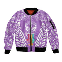 Personalised Kia Kaha Te Reo Maori Sleeve Zip Bomber Jacket Hei Tiki Mix Koru - Purple LT7 Unisex Purple - Polynesian Pride