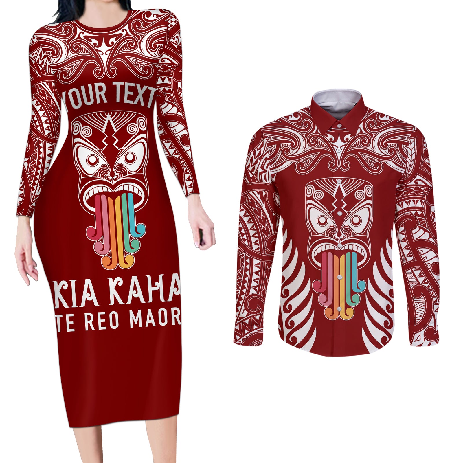 Personalised Kia Kaha Te Reo Maori Couples Matching Long Sleeve Bodycon Dress and Long Sleeve Button Shirts Hei Tiki Mix Koru - Red LT7 Red - Polynesian Pride