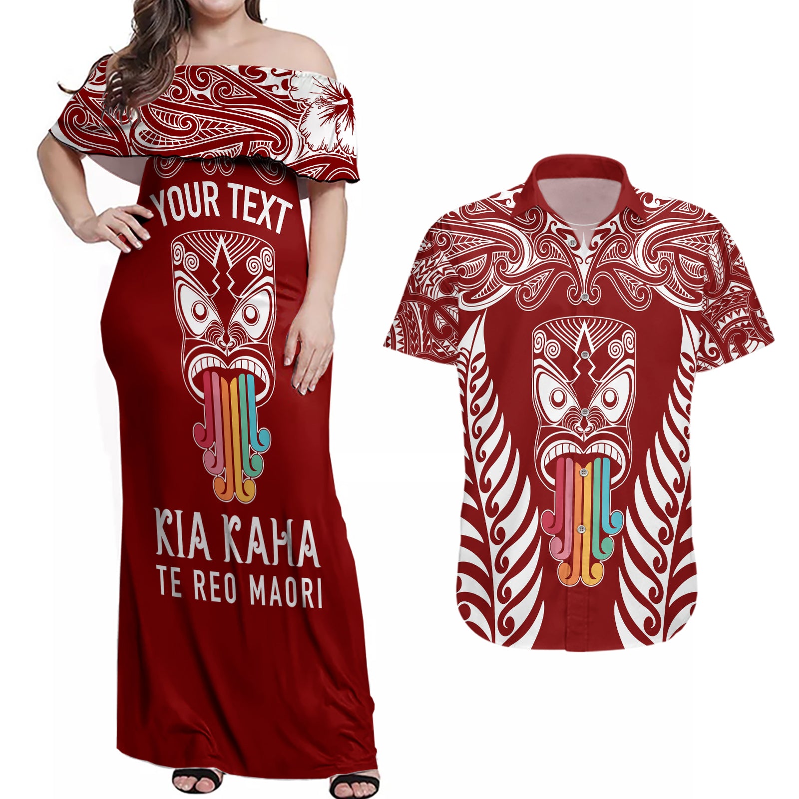 personalised-kia-kaha-te-reo-maori-couples-matching-off-shoulder-maxi-dress-and-hawaiian-shirt-hei-tiki-mix-koru-red