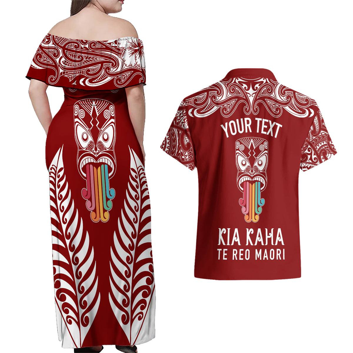 personalised-kia-kaha-te-reo-maori-couples-matching-off-shoulder-maxi-dress-and-hawaiian-shirt-hei-tiki-mix-koru-red