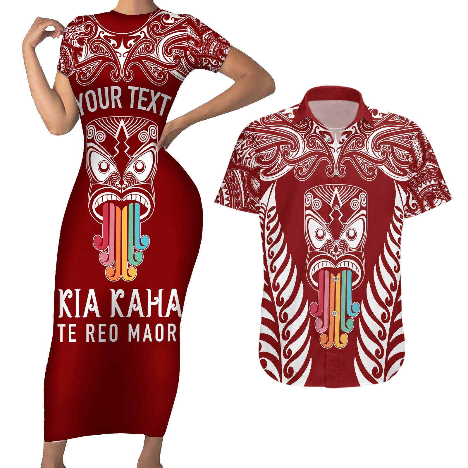 Personalised Kia Kaha Te Reo Maori Couples Matching Short Sleeve Bodycon Dress and Hawaiian Shirt Hei Tiki Mix Koru - Red LT7 Red - Polynesian Pride