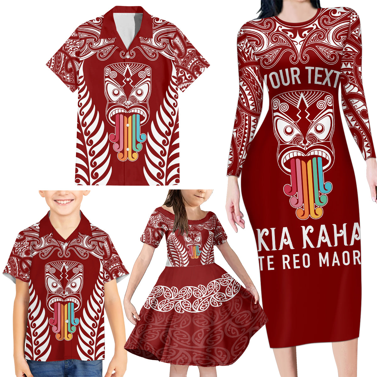 personalised-kia-kaha-te-reo-maori-family-matching-long-sleeve-bodycon-dress-and-hawaiian-shirt-hei-tiki-mix-koru-red