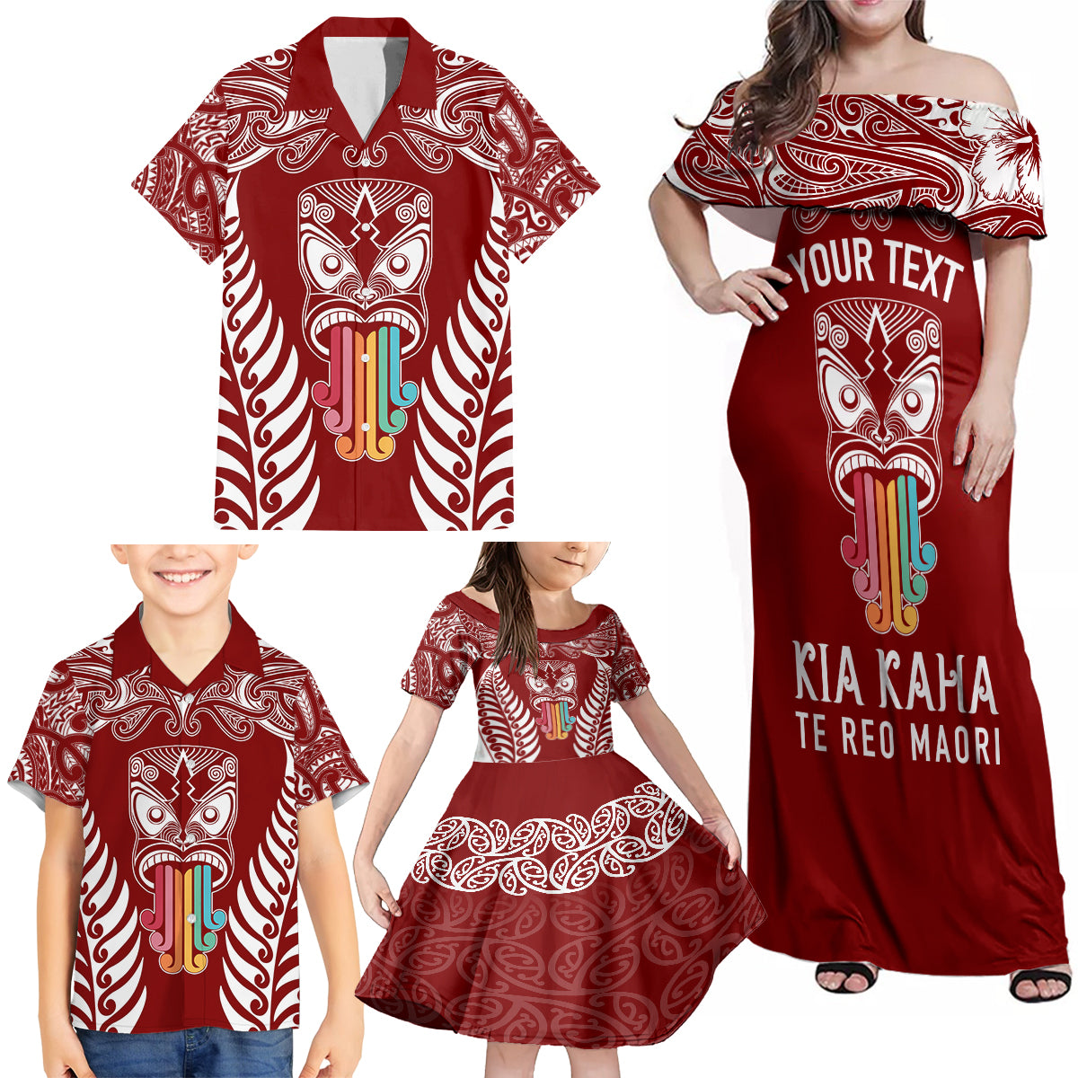 personalised-kia-kaha-te-reo-maori-family-matching-off-shoulder-maxi-dress-and-hawaiian-shirt-hei-tiki-mix-koru-red