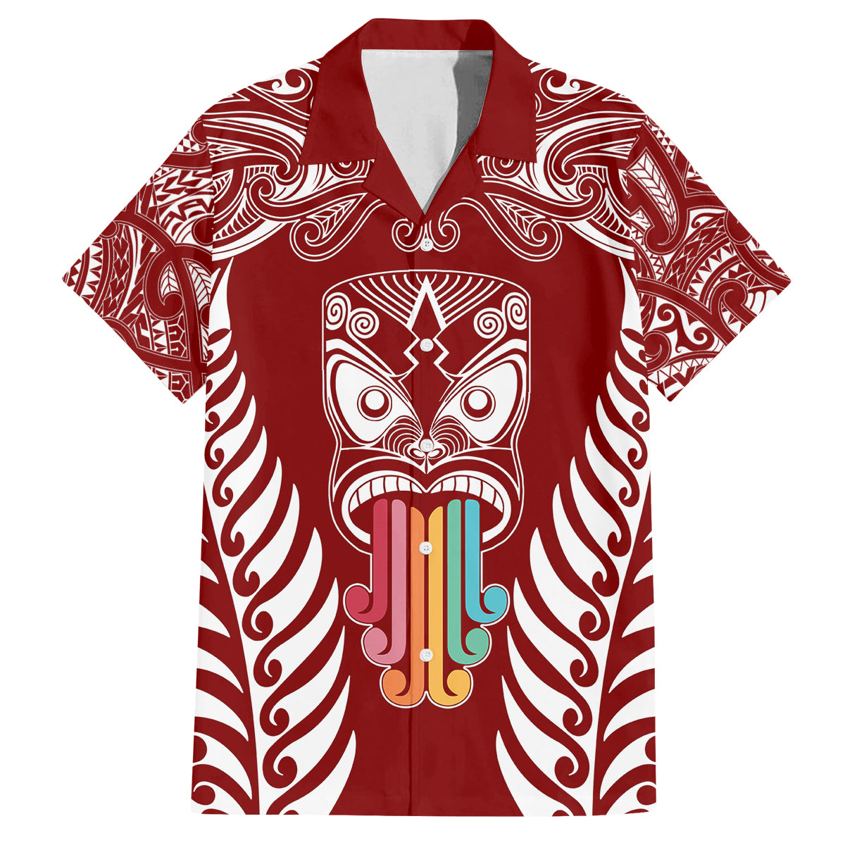 personalised-kia-kaha-te-reo-maori-family-matching-off-shoulder-short-dress-and-hawaiian-shirt-hei-tiki-mix-koru-red