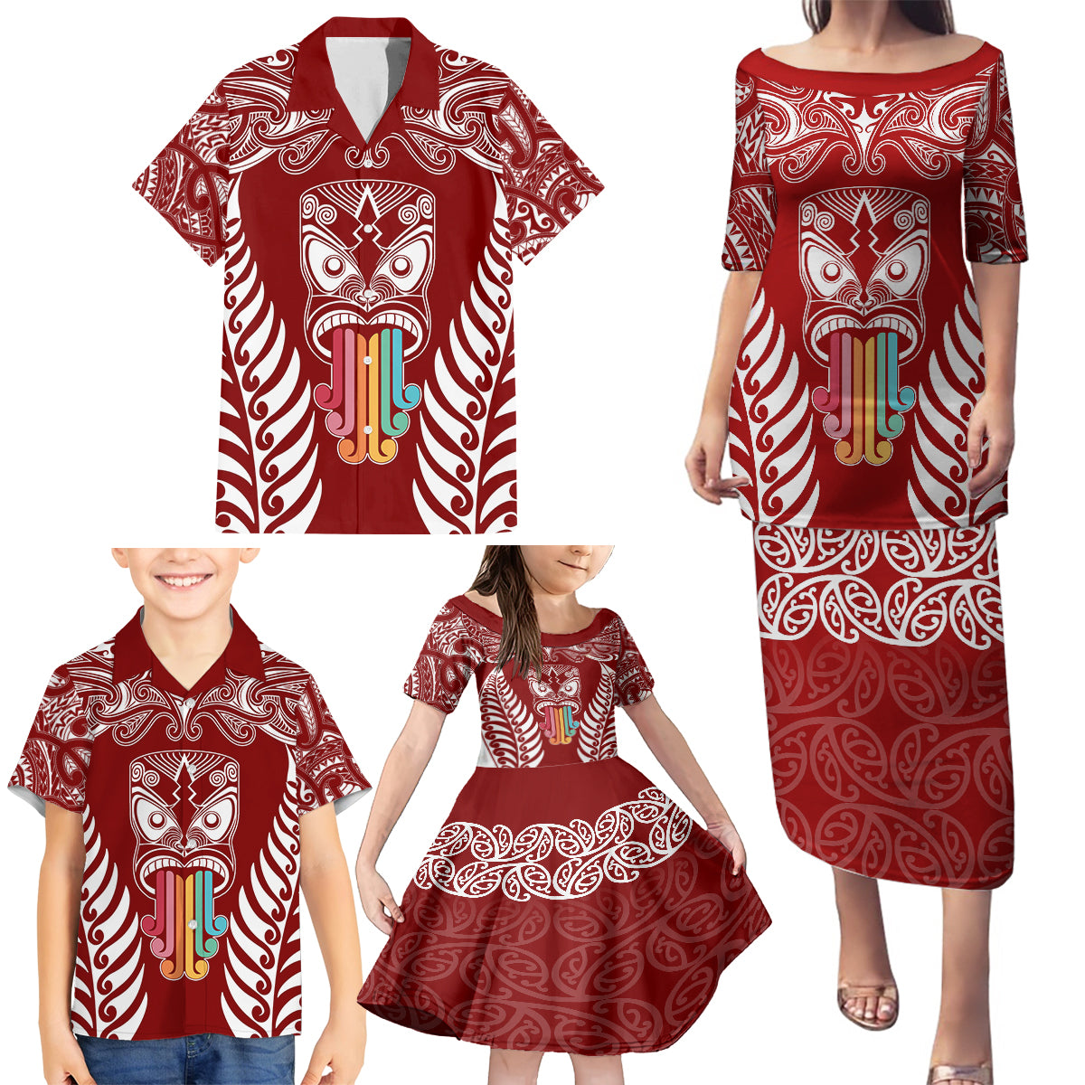 Personalised Kia Kaha Te Reo Maori Family Matching Puletasi Dress and Hawaiian Shirt Hei Tiki Mix Koru - Red LT7 - Polynesian Pride