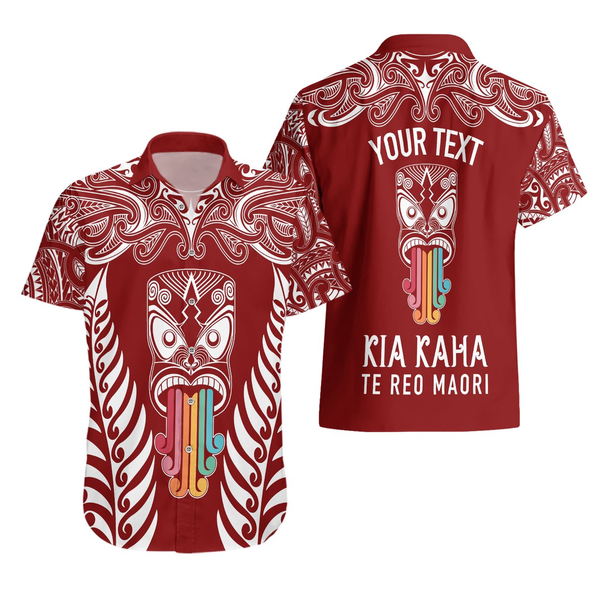 Personalised Kia Kaha Te Reo Maori Hawaiian Shirt Hei Tiki Mix Koru - Red LT7 - Polynesian Pride