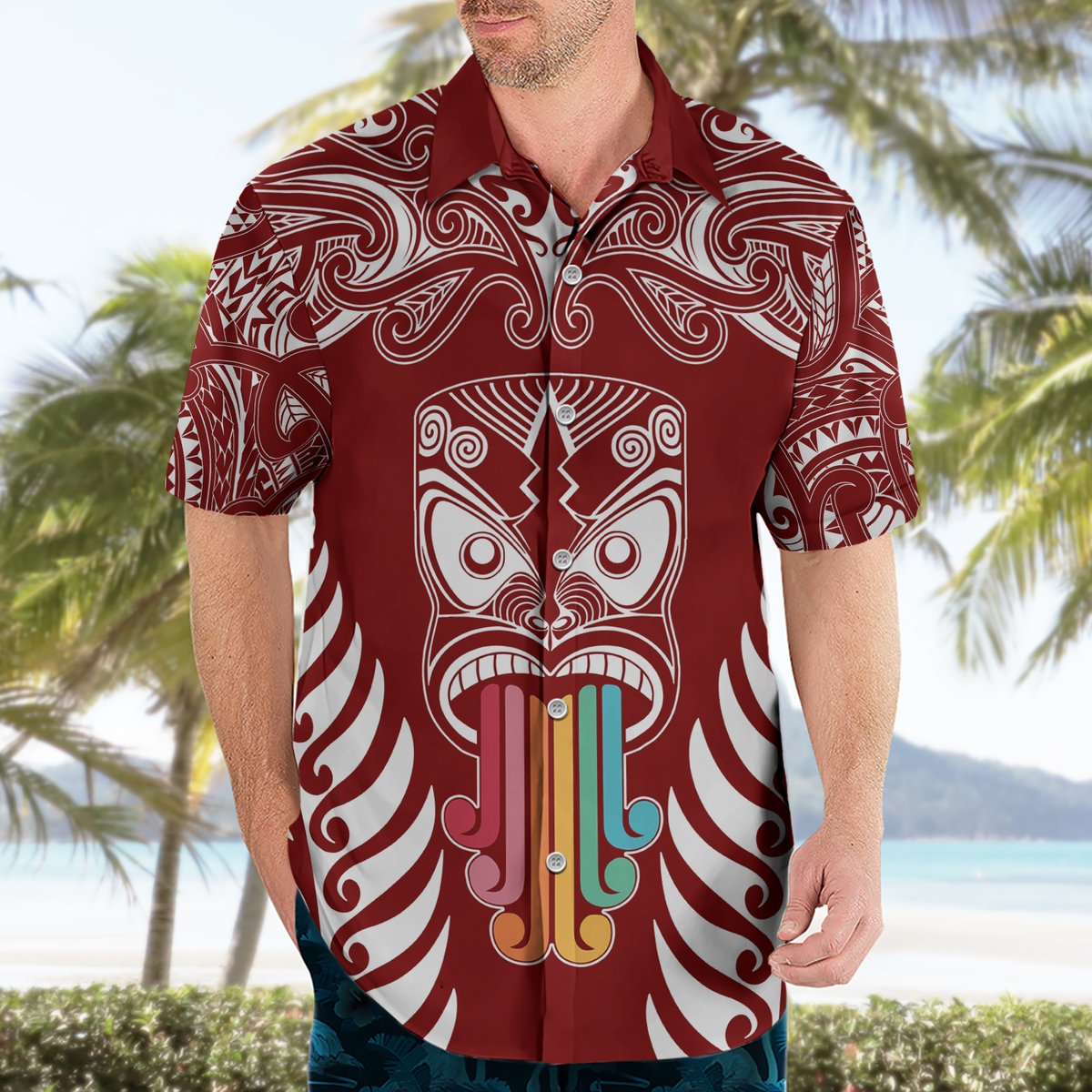 Personalised Kia Kaha Te Reo Maori Hawaiian Shirt Hei Tiki Mix Koru - Red LT7 - Polynesian Pride