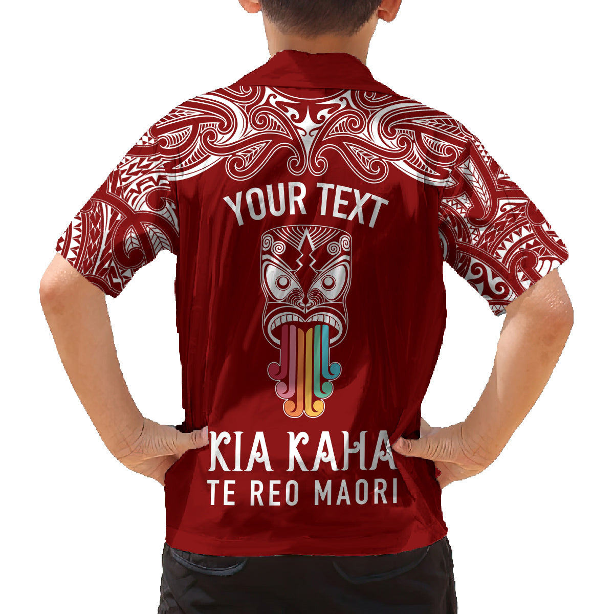 personalised-kia-kaha-te-reo-maori-kid-hawaiian-shirt-hei-tiki-mix-koru-red
