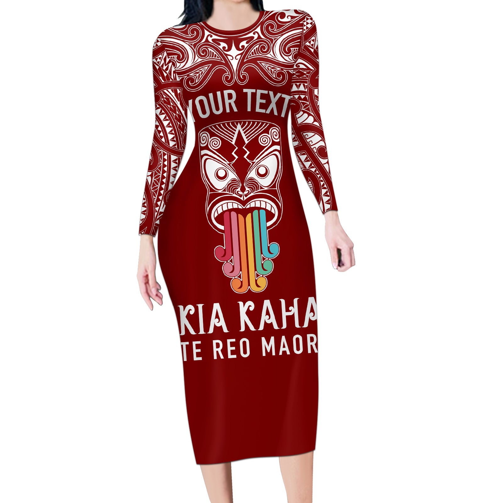 personalised-kia-kaha-te-reo-maori-long-sleeve-bodycon-dress-hei-tiki-mix-koru-red