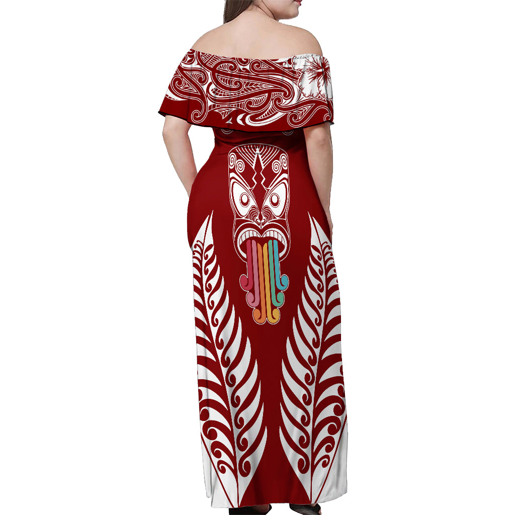 Personalised Kia Kaha Te Reo Maori Off Shoulder Maxi Dress Hei Tiki Mix Koru - Red LT7 - Polynesian Pride