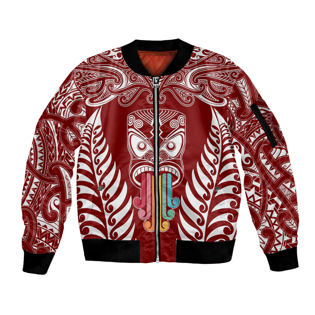Personalised Kia Kaha Te Reo Maori Sleeve Zip Bomber Jacket Hei Tiki Mix Koru - Red LT7 Unisex Red - Polynesian Pride