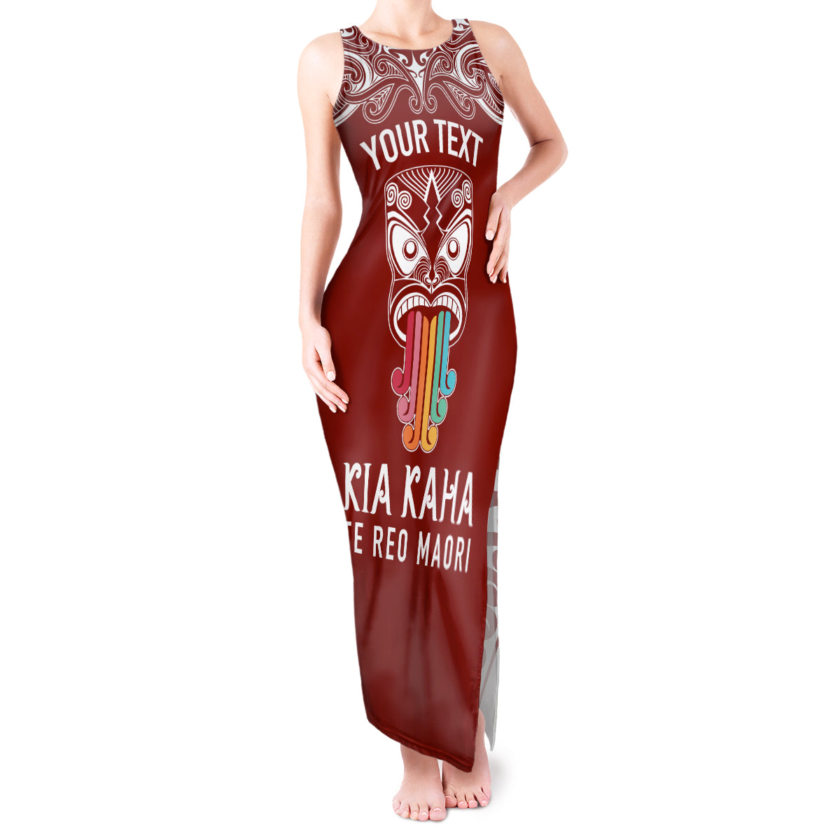 personalised-kia-kaha-te-reo-maori-tank-maxi-dress-hei-tiki-mix-koru-red