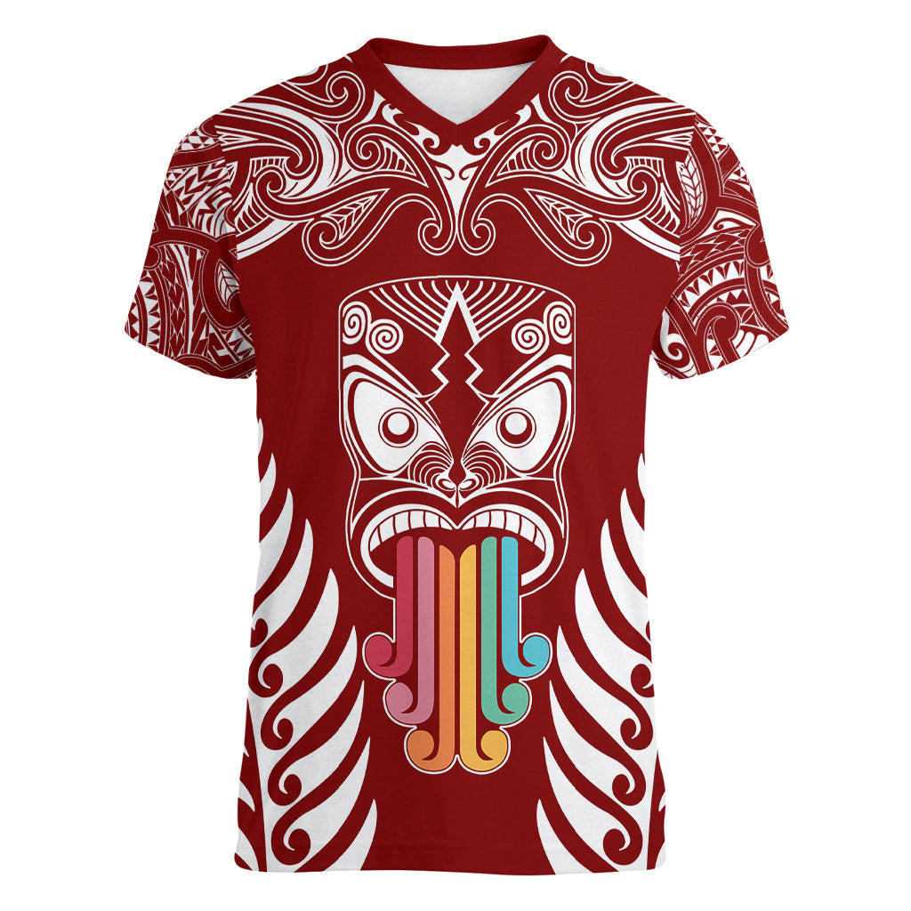 personalised-kia-kaha-te-reo-maori-women-v-neck-t-shirt-hei-tiki-mix-koru-red