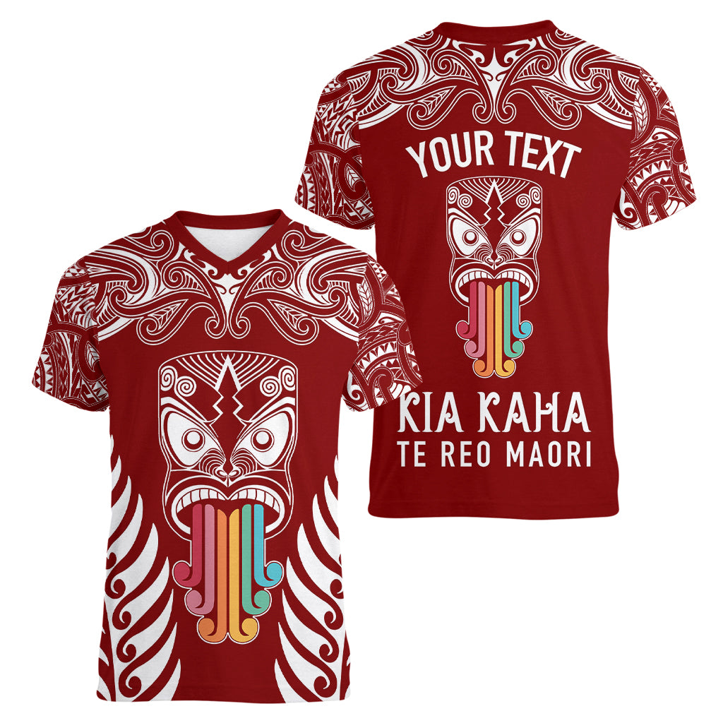 personalised-kia-kaha-te-reo-maori-women-v-neck-t-shirt-hei-tiki-mix-koru-red