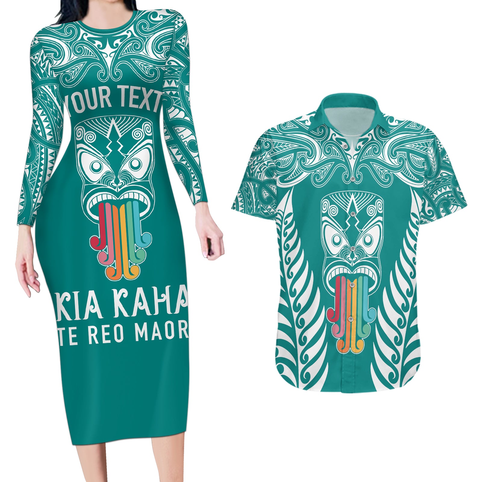 personalised-kia-kaha-te-reo-maori-couples-matching-long-sleeve-bodycon-dress-and-hawaiian-shirt-hei-tiki-mix-koru-teal