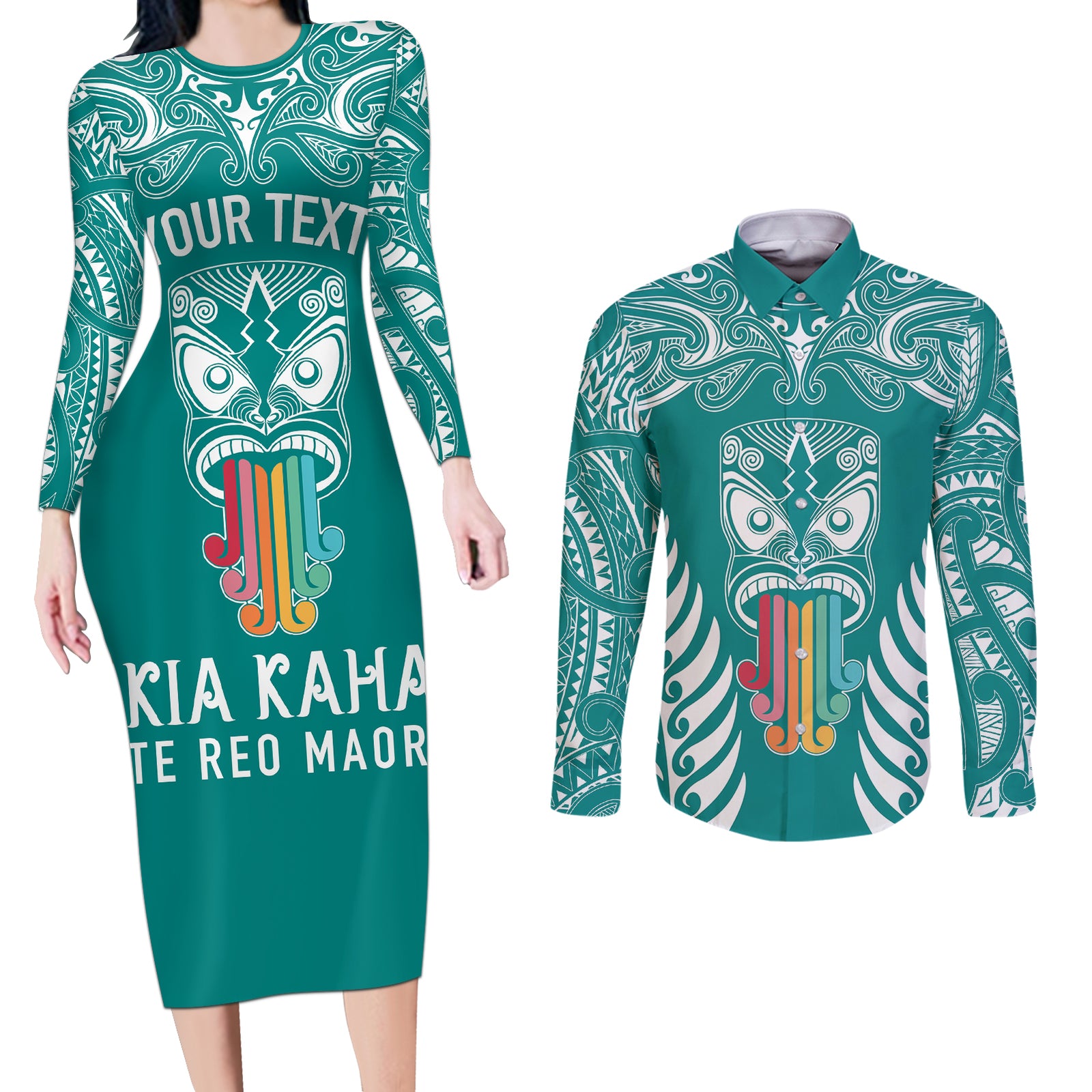 Personalised Kia Kaha Te Reo Maori Couples Matching Long Sleeve Bodycon Dress and Long Sleeve Button Shirts Hei Tiki Mix Koru - Teal LT7 Teal - Polynesian Pride