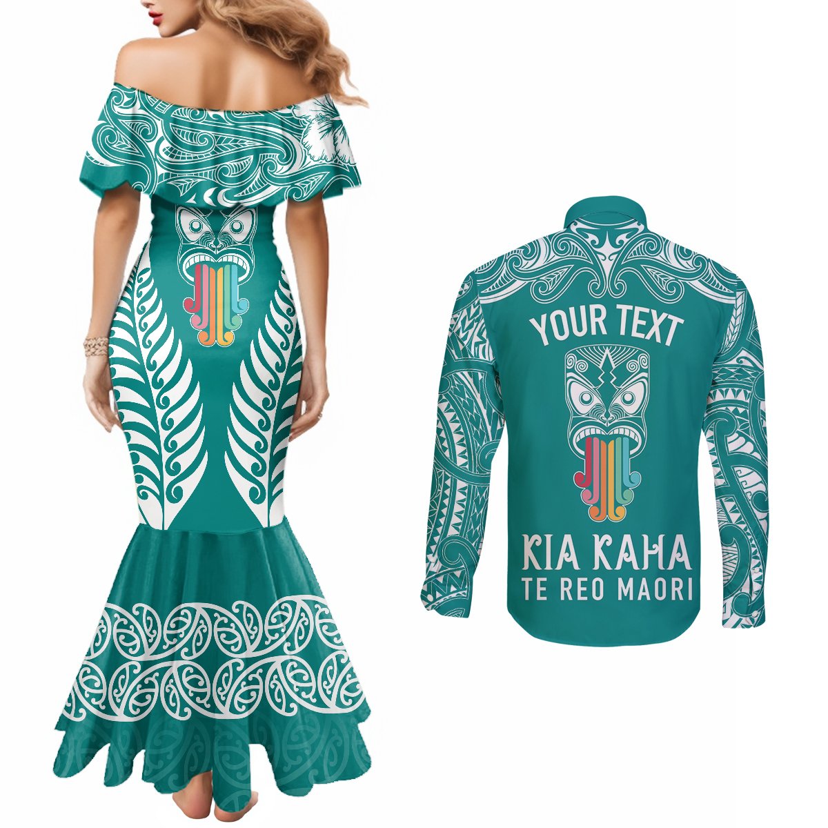personalised-kia-kaha-te-reo-maori-couples-matching-mermaid-dress-and-long-sleeve-button-shirts-hei-tiki-mix-koru-teal