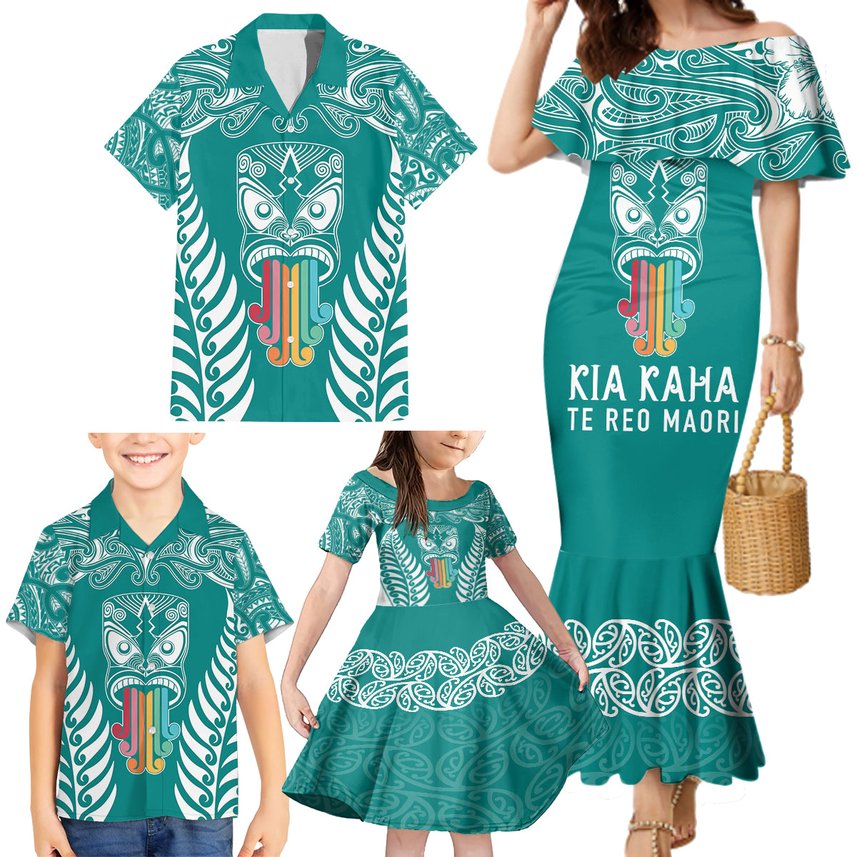 Personalised Kia Kaha Te Reo Maori Family Matching Mermaid Dress and Hawaiian Shirt Hei Tiki Mix Koru - Teal LT7