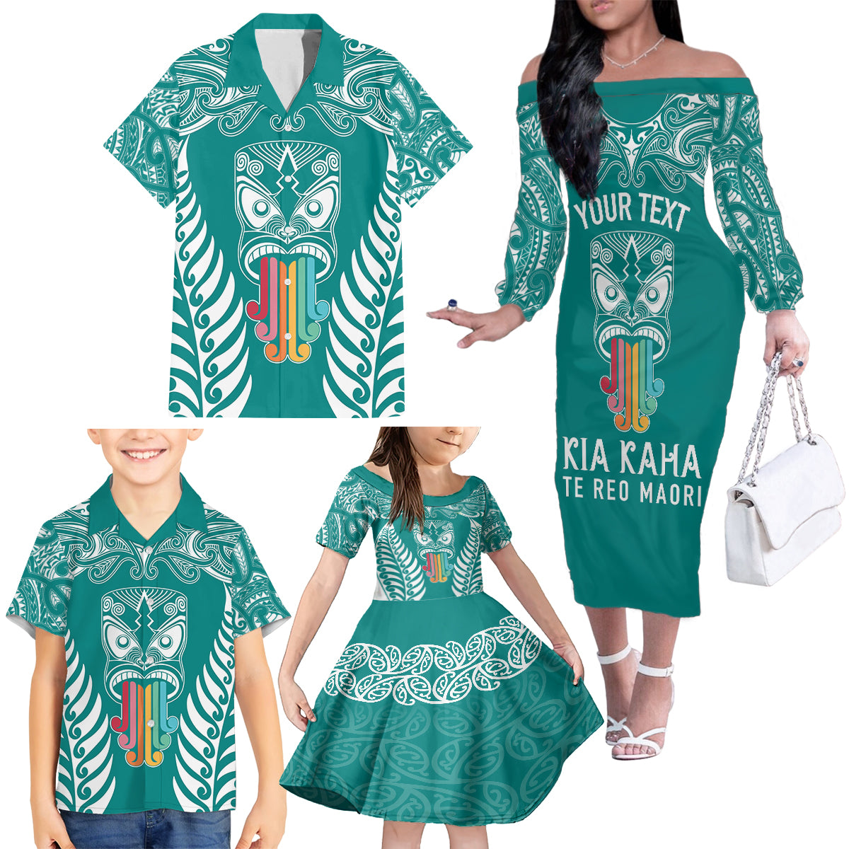 personalised-kia-kaha-te-reo-maori-family-matching-off-shoulder-long-sleeve-dress-and-hawaiian-shirt-hei-tiki-mix-koru-teal