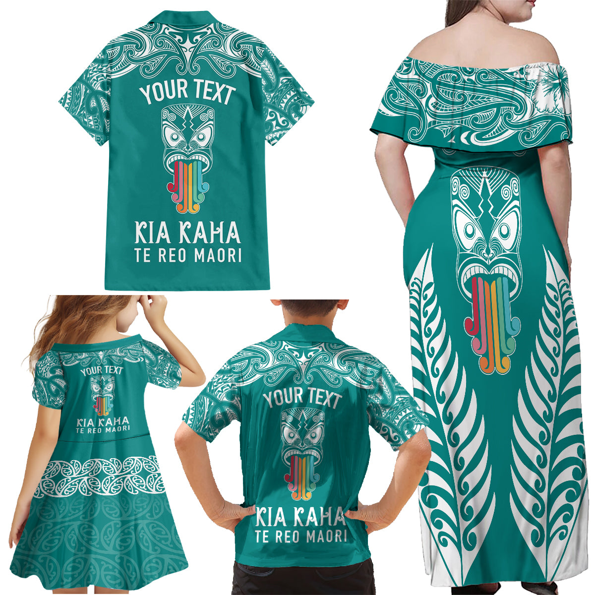 personalised-kia-kaha-te-reo-maori-family-matching-off-shoulder-long-sleeve-dress-and-hawaiian-shirt-hei-tiki-mix-koru-teal