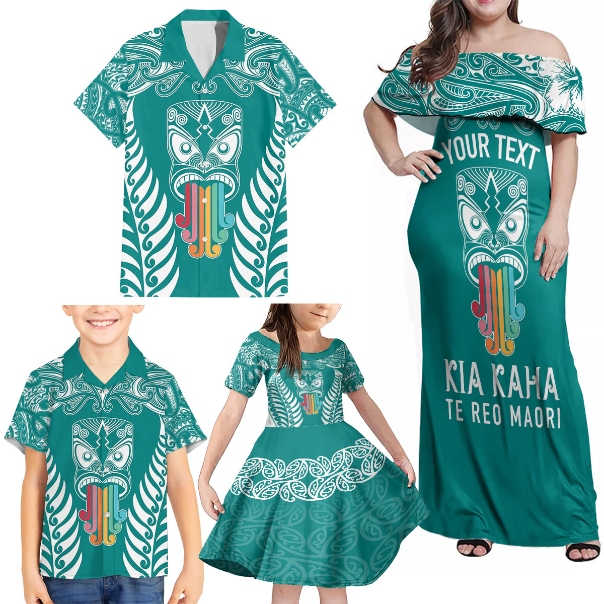 personalised-kia-kaha-te-reo-maori-family-matching-off-shoulder-maxi-dress-and-hawaiian-shirt-hei-tiki-mix-koru-teal