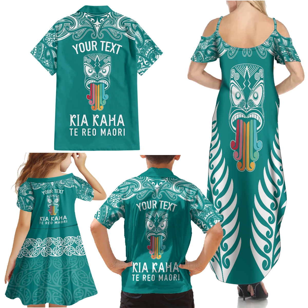 personalised-kia-kaha-te-reo-maori-family-matching-summer-maxi-dress-and-hawaiian-shirt-hei-tiki-mix-koru-teal