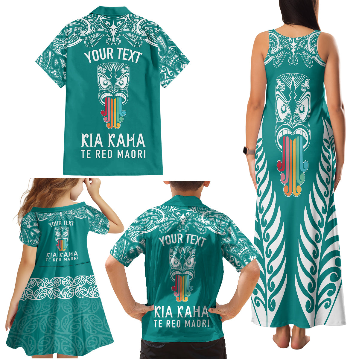 personalised-kia-kaha-te-reo-maori-family-matching-tank-maxi-dress-and-hawaiian-shirt-hei-tiki-mix-koru-teal
