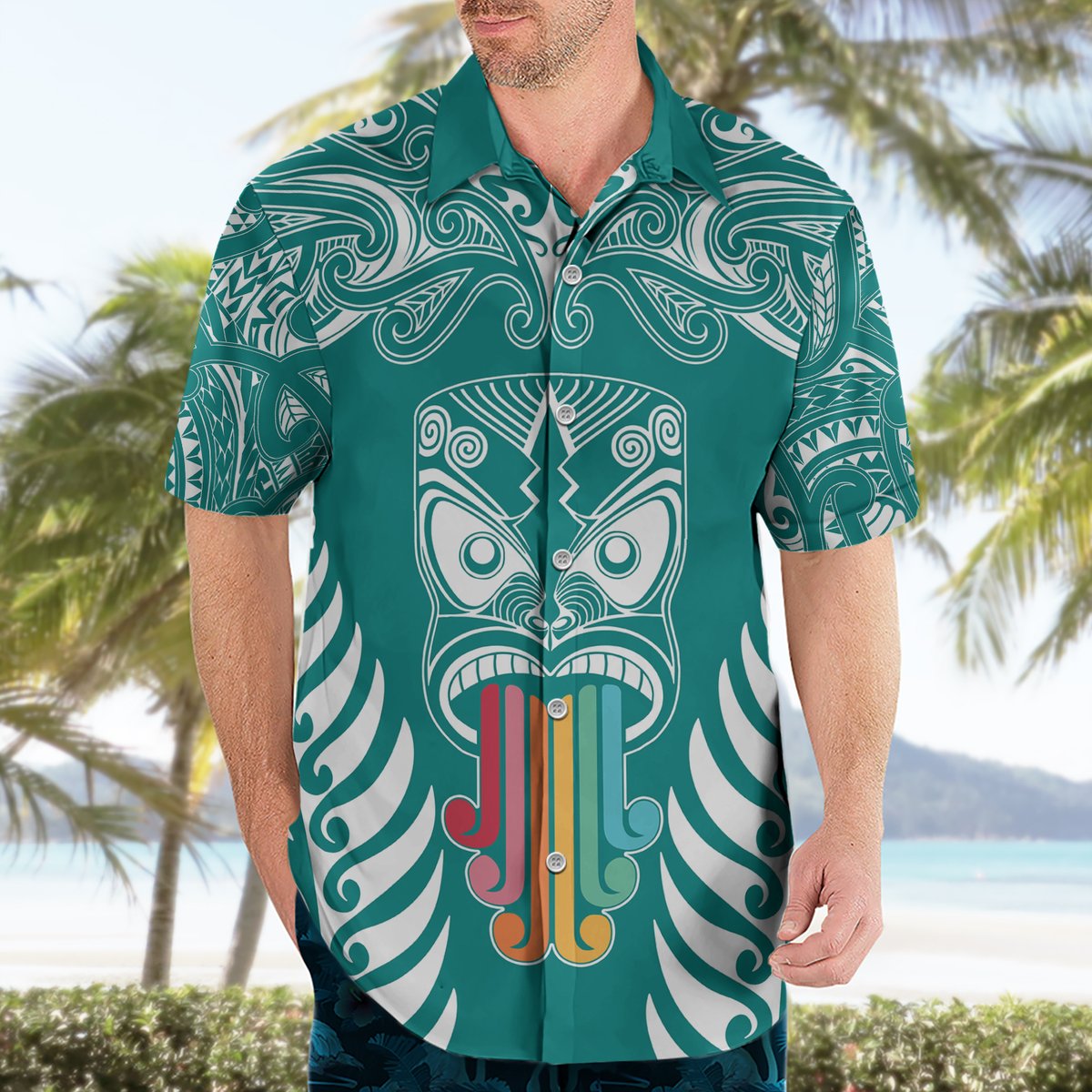 Personalised Kia Kaha Te Reo Maori Hawaiian Shirt Hei Tiki Mix Koru - Teal LT7 - Polynesian Pride