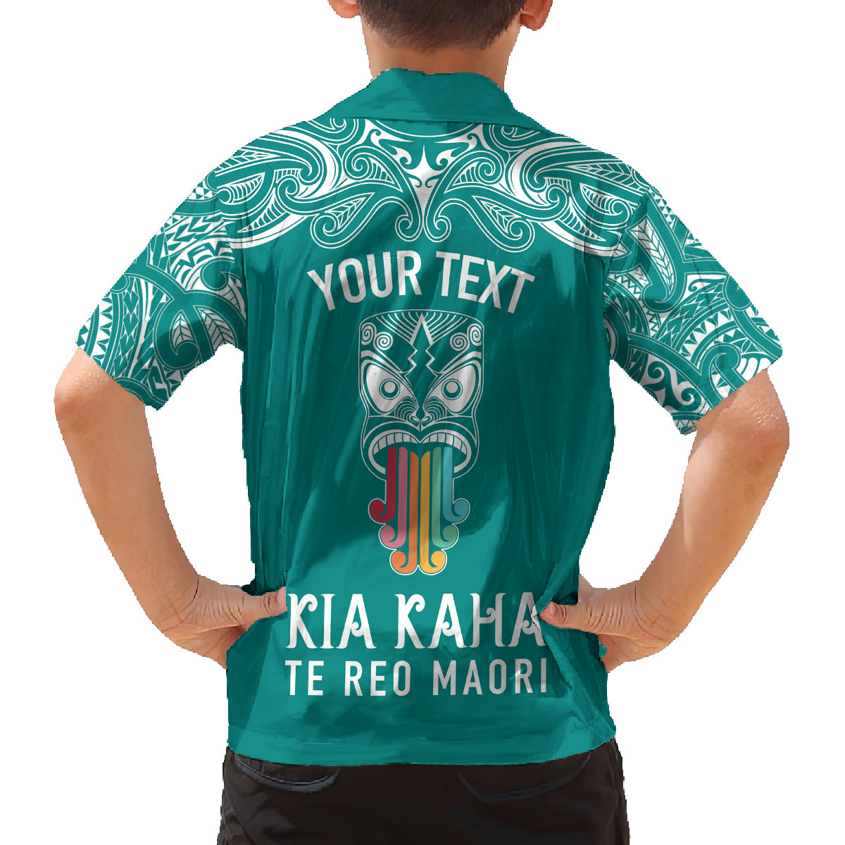 Personalised Kia Kaha Te Reo Maori Kid Hawaiian Shirt Hei Tiki Mix Koru - Teal LT7 - Polynesian Pride