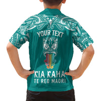 Personalised Kia Kaha Te Reo Maori Kid Hawaiian Shirt Hei Tiki Mix Koru - Teal LT7 - Polynesian Pride