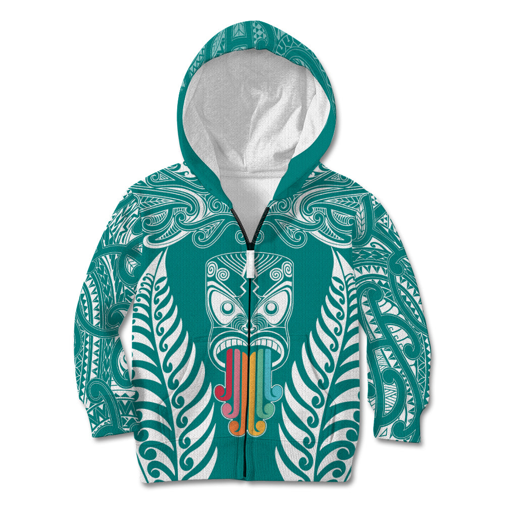 Personalised Kia Kaha Te Reo Maori Kid Hoodie Hei Tiki Mix Koru - Teal LT7 Zip Hoodie Teal - Polynesian Pride