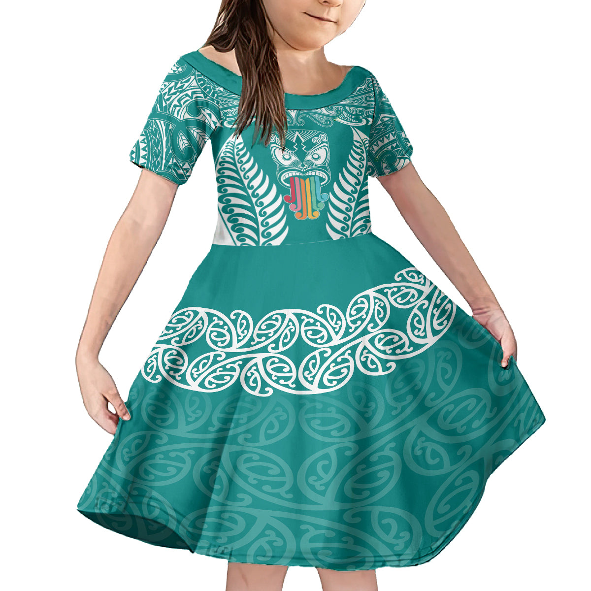 Personalised Kia Kaha Te Reo Maori Kid Short Sleeve Dress Hei Tiki Mix Koru - Teal LT7 KID Teal - Polynesian Pride