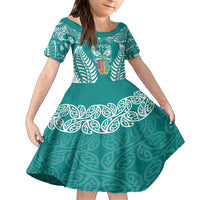 Personalised Kia Kaha Te Reo Maori Kid Short Sleeve Dress Hei Tiki Mix Koru - Teal LT7 KID Teal - Polynesian Pride