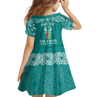 Personalised Kia Kaha Te Reo Maori Kid Short Sleeve Dress Hei Tiki Mix Koru - Teal LT7 - Polynesian Pride