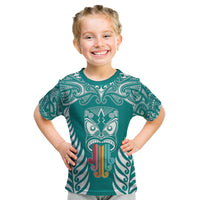 Personalised Kia Kaha Te Reo Maori Kid T Shirt Hei Tiki Mix Koru - Teal LT7 Teal - Polynesian Pride