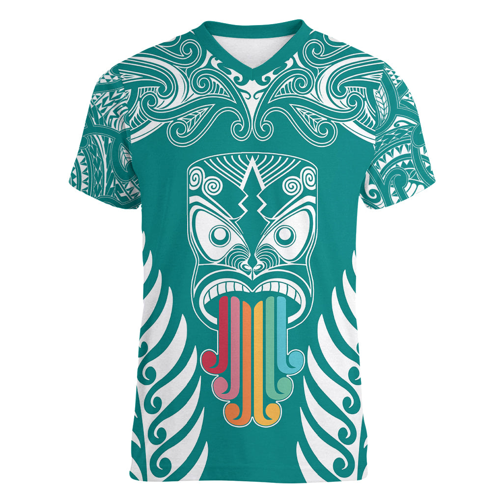 personalised-kia-kaha-te-reo-maori-women-v-neck-t-shirt-hei-tiki-mix-koru-teal