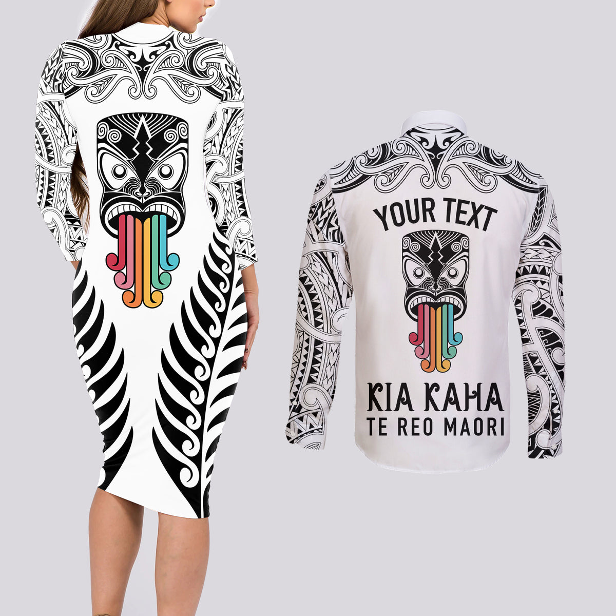 personalised-kia-kaha-te-reo-maori-couples-matching-long-sleeve-bodycon-dress-and-long-sleeve-button-shirts-hei-tiki-mix-koru-white