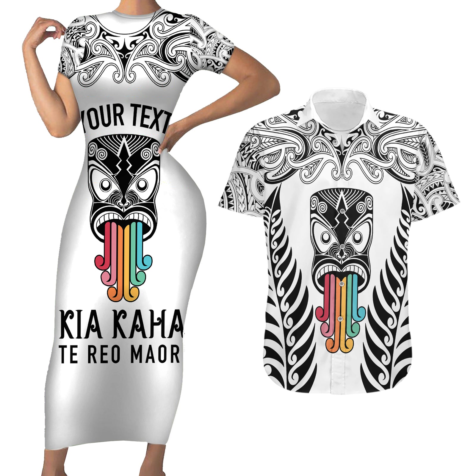 Personalised Kia Kaha Te Reo Maori Couples Matching Short Sleeve Bodycon Dress and Hawaiian Shirt Hei Tiki Mix Koru - White LT7 White - Polynesian Pride
