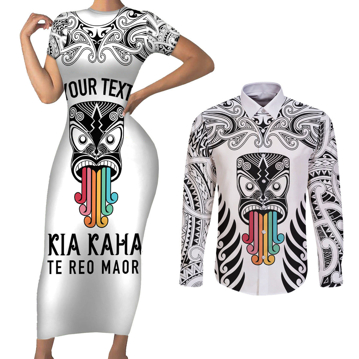 personalised-kia-kaha-te-reo-maori-couples-matching-short-sleeve-bodycon-dress-and-long-sleeve-button-shirts-hei-tiki-mix-koru-white