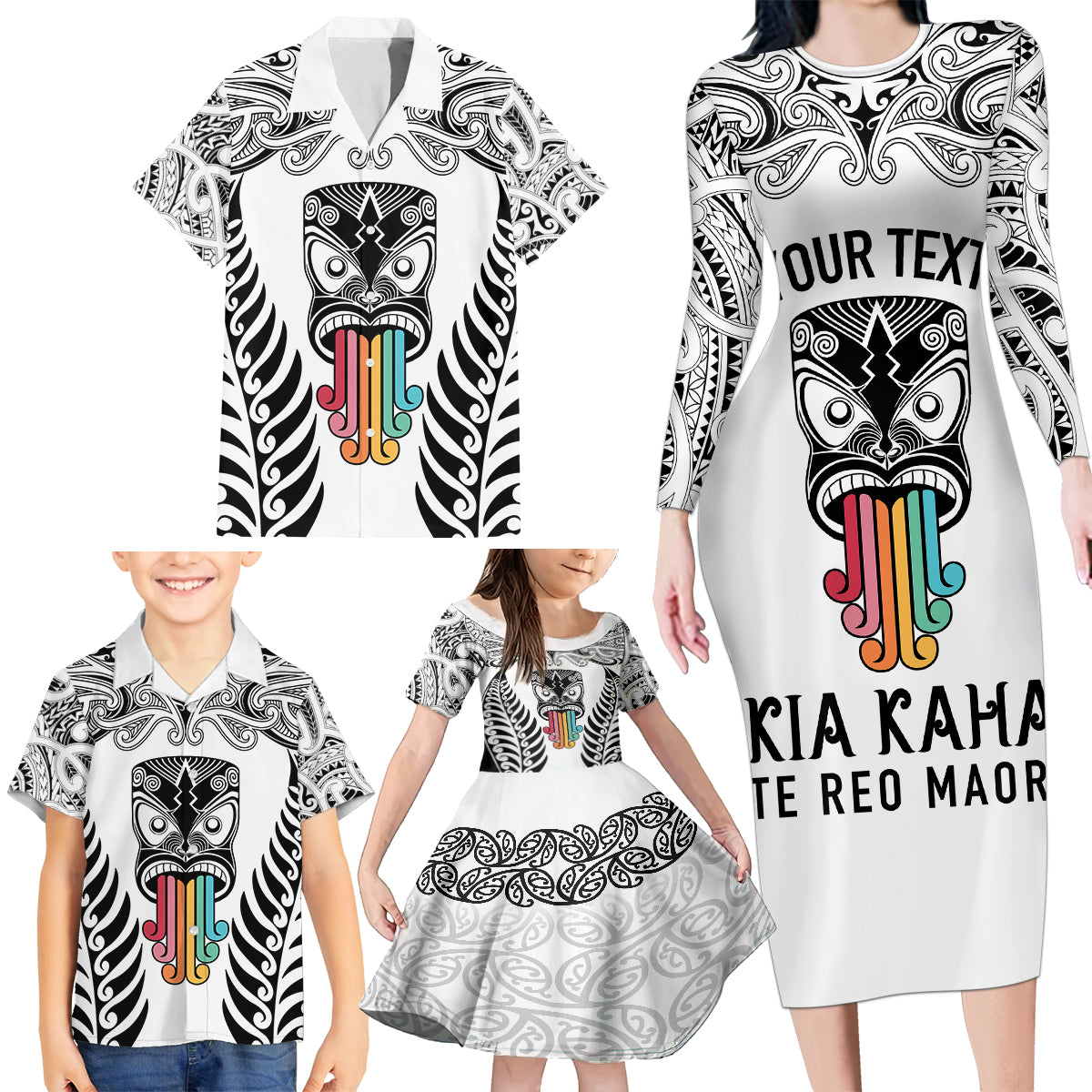 personalised-kia-kaha-te-reo-maori-family-matching-long-sleeve-bodycon-dress-and-hawaiian-shirt-hei-tiki-mix-koru-white