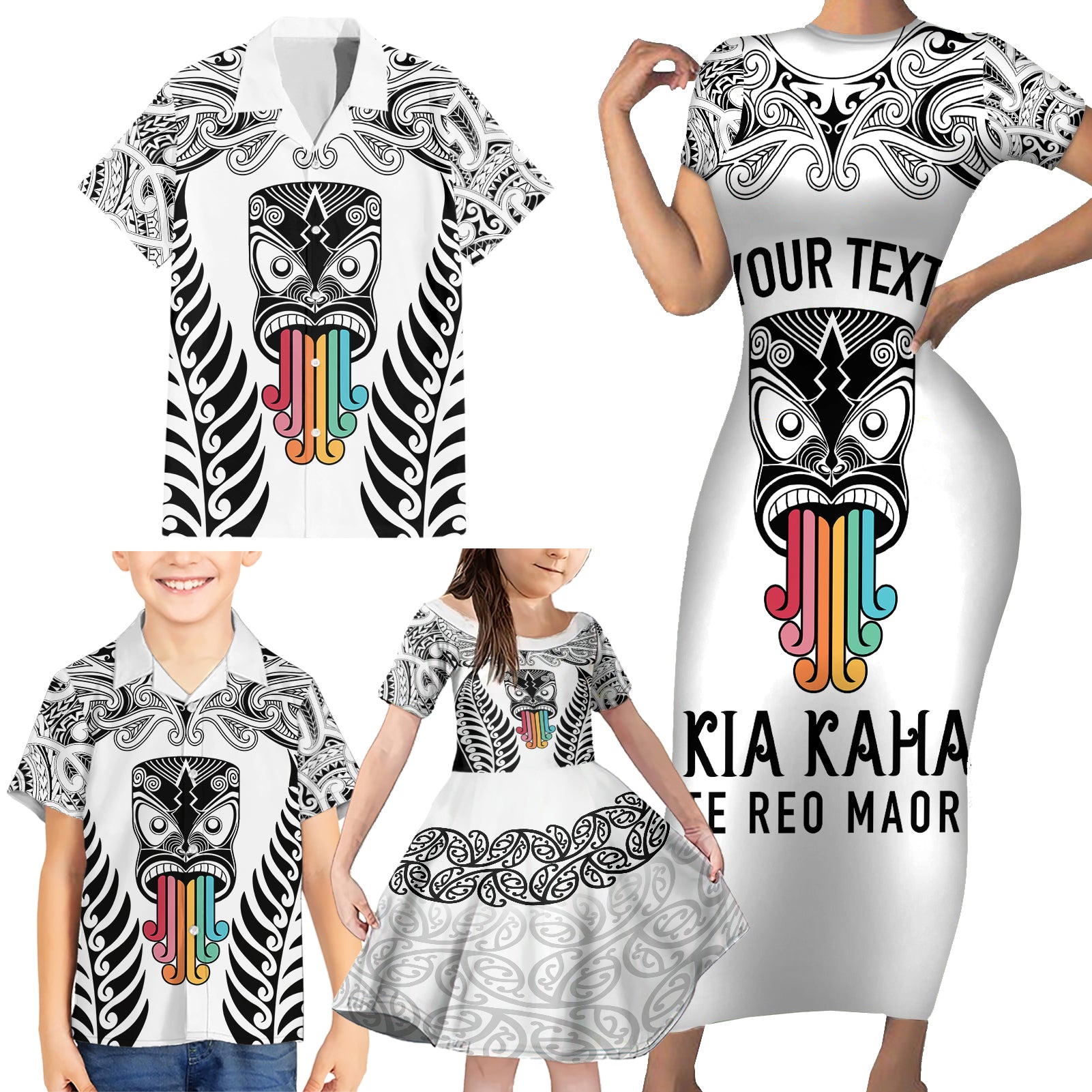 personalised-kia-kaha-te-reo-maori-family-matching-short-sleeve-bodycon-dress-and-hawaiian-shirt-hei-tiki-mix-koru-white