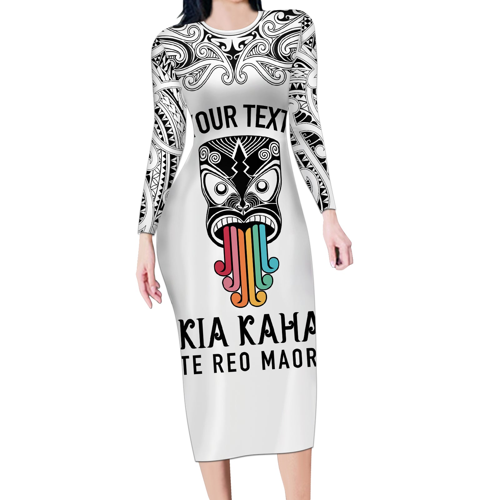 personalised-kia-kaha-te-reo-maori-long-sleeve-bodycon-dress-hei-tiki-mix-koru-white